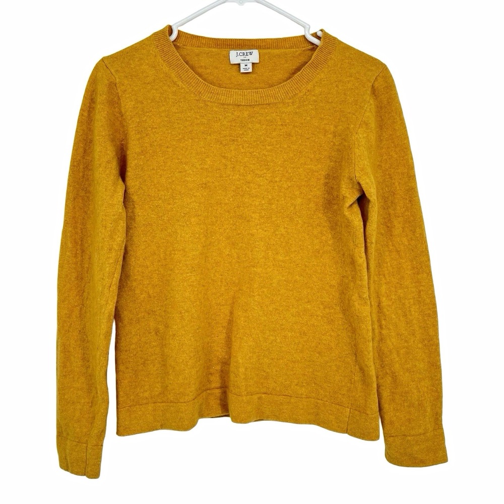 J.CREW Teddie Womens M Yellow Solid Crew Neck Knit Pullover Sweater Long Sleeve